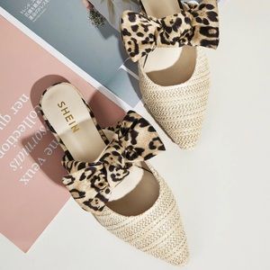 Leopard Bow Beige Mules